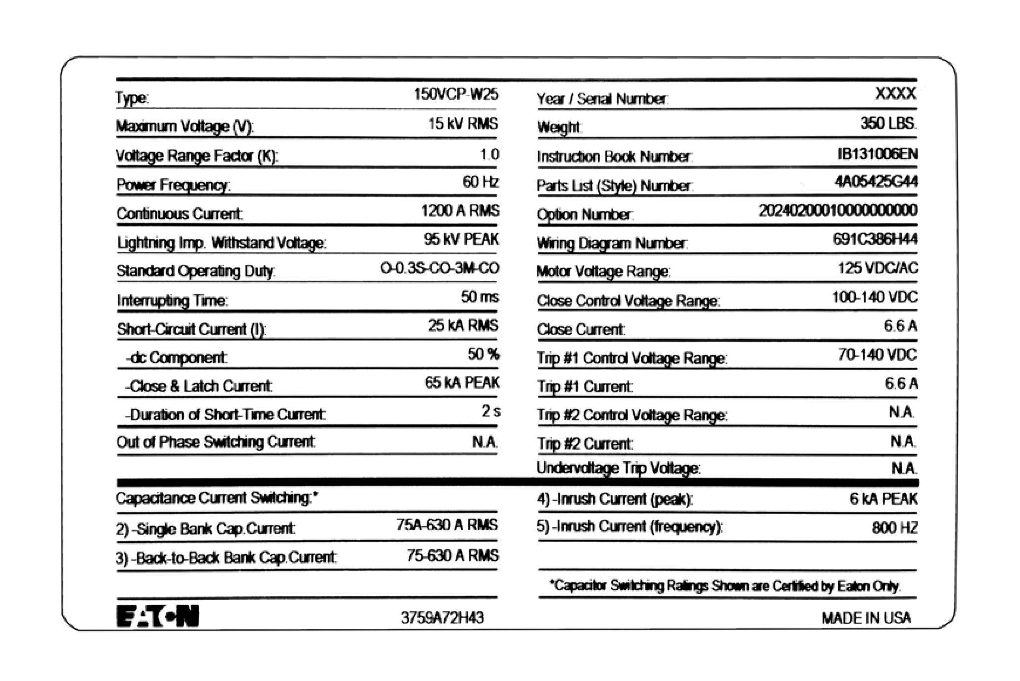 Medium Voltage Circuit Breaker Nameplate Data